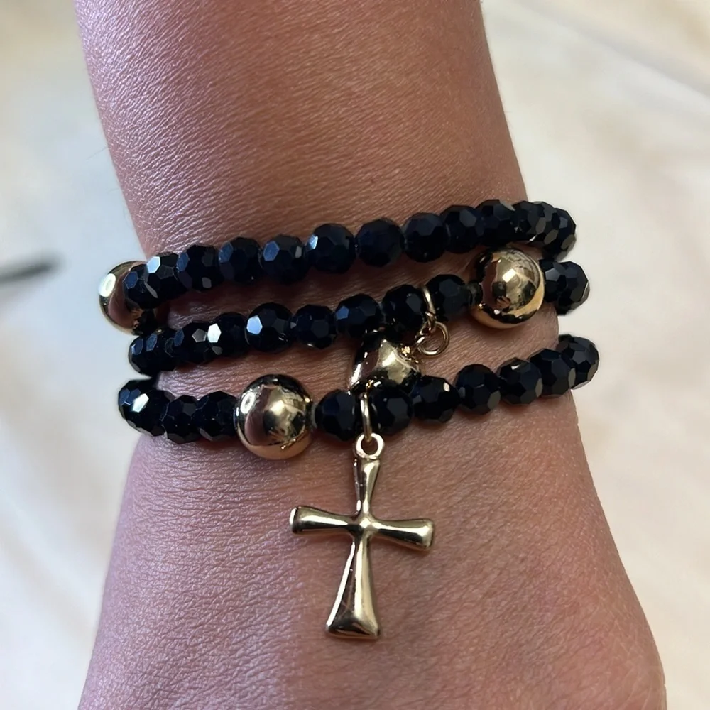 Set of 3 Black Spinel Bracelets with 18K Gold Plated Charms